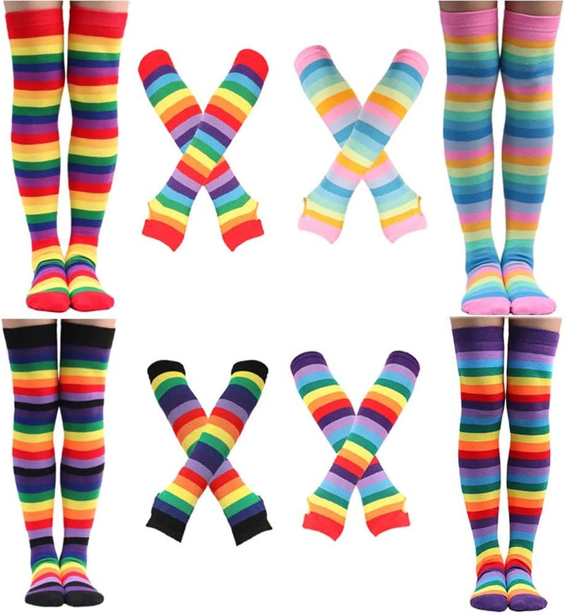 Barrlves Store 2/4 Sets Womens Striped Knee High Socks Long Knitted Arm Warmers Fingerless Gloves for Halloween Costume - Image 1